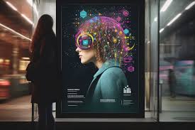 download A woman viewing a futuristic digital advertisement featuring AI-inspired graphics and data visualization, symbolizing AI-driven marketing innovation.