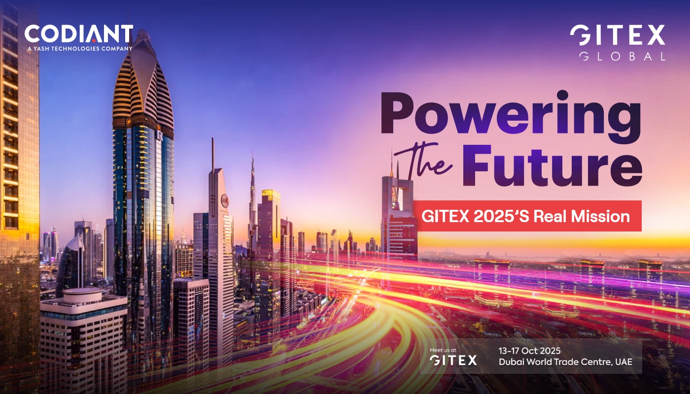 Dubai skyline at sunset with GITEX Global 2025 branding and the theme “Powering the Future” — promoting the event’s mission at Dubai World Trade Centre, October 13–17, 2025.
