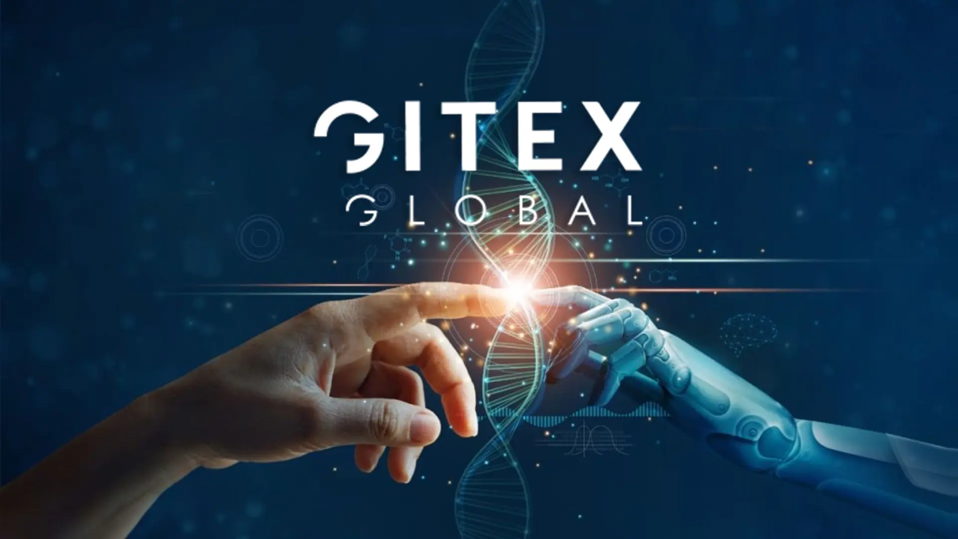 GITEX Global logo with a glowing connection between a human hand and a robotic hand, symbolizing the fusion of humanity and artificial intelligence, set against a digital DNA background.