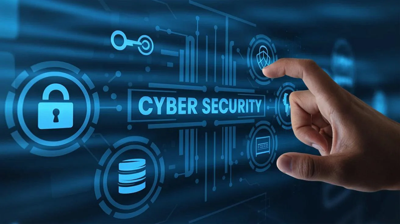 Cybersecurity_certiprof Hand interacting with digital cybersecurity interface showing lock, database, and shield icons, symbolizing data protection and online security.